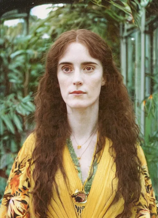 Image similar to Pre - raphaelit grainy head to shoulder portrait Polaroid film photograph of an elegant lovely woman wearing a yellow kimono with a very detailed barn owl on her shoulder!!! in a tropical greenhouse. looking at the camera!!. slight smile. super resolution. Extremely detailed. face like Jennifer Connelly. Polaroid 600 film.