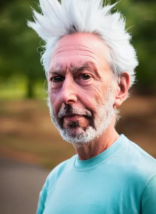 Image similar to portrait photo still of real life rick and morty character rick sanchez, 8 k, 8 5 mm f 1. 8