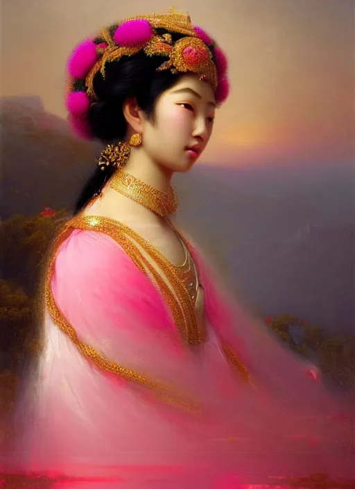 Image similar to stunning asian godess, detailed pink and white protea head peace against a black backdrop by ivan aivazovsky, wlop, oil painting, beautiful soft lighting, muted colours, artstation