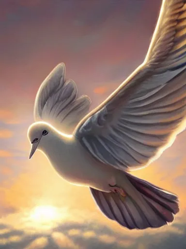 Prompt: a beautiful white dove flying from bellow. the sun in the background. golden hour, intricate, elegant, highly detailed, digital painting, artstation, concept art, sharp focus, illustration, by justin gerard and artgerm, 8 k