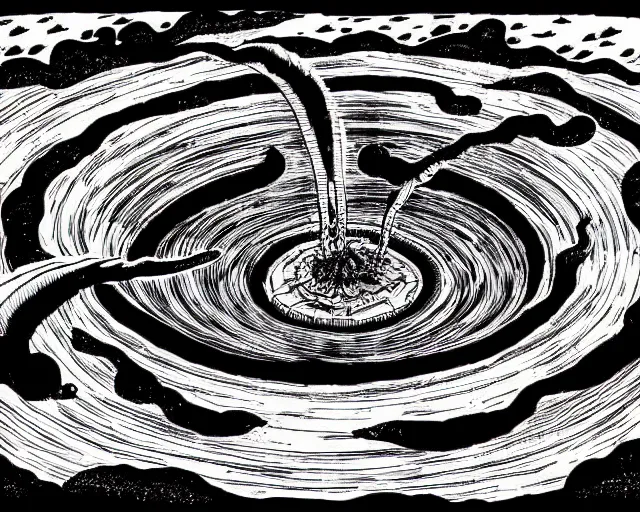 Image similar to impressive hellish hell hell circle of hell landscape, beautiful line art, ink illustration, pure b&w, white frame