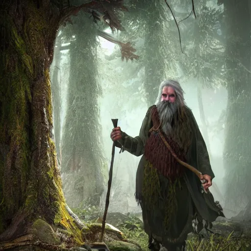 Image similar to realistic a human hobo druid with nature magic around, fantasy book, d & d, high detail, 8 k, octane render painting, dark fantasy