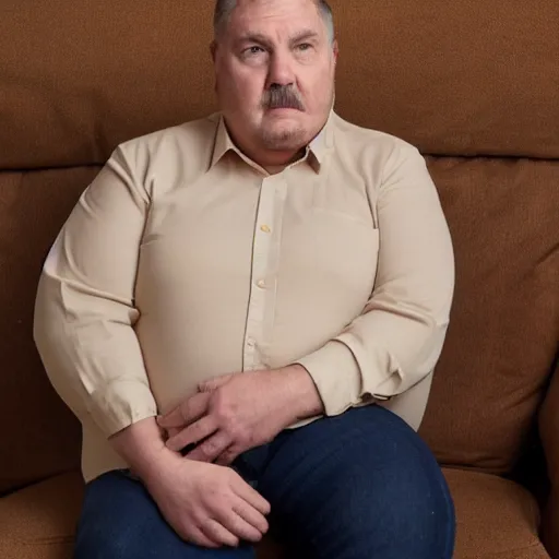 Image similar to full body photo of steve, mature male, mysterious face. he is sitting gracefully on a sofa, elegant slim beige shirt, tight shirt, big chubby belly