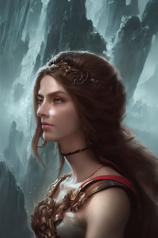 Image similar to princess of eternal beauty and grace, face portrait, raphael lacoste, eddie mendoza, alex ross, concept art, matte painting, highly detailed, rule of thirds, dynamic lighting, cinematic, detailed, denoised, centerd