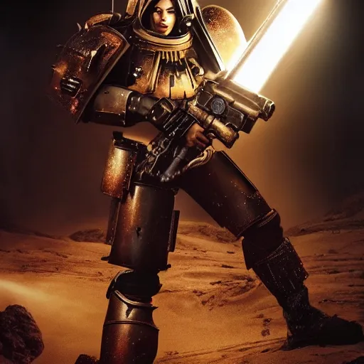 Image similar to warhammer kendall jenner as female space marine wearing space marine armor cinematic lighting dramatic lighting by annie leibovitz