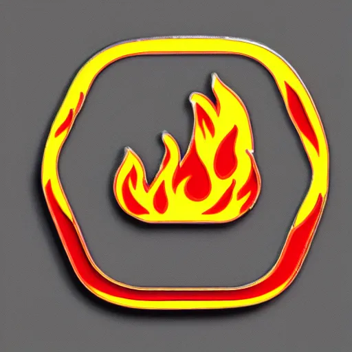 Image similar to a retro minimalistic fire flame warning caution label enamel pin, hd, concept art, artstation