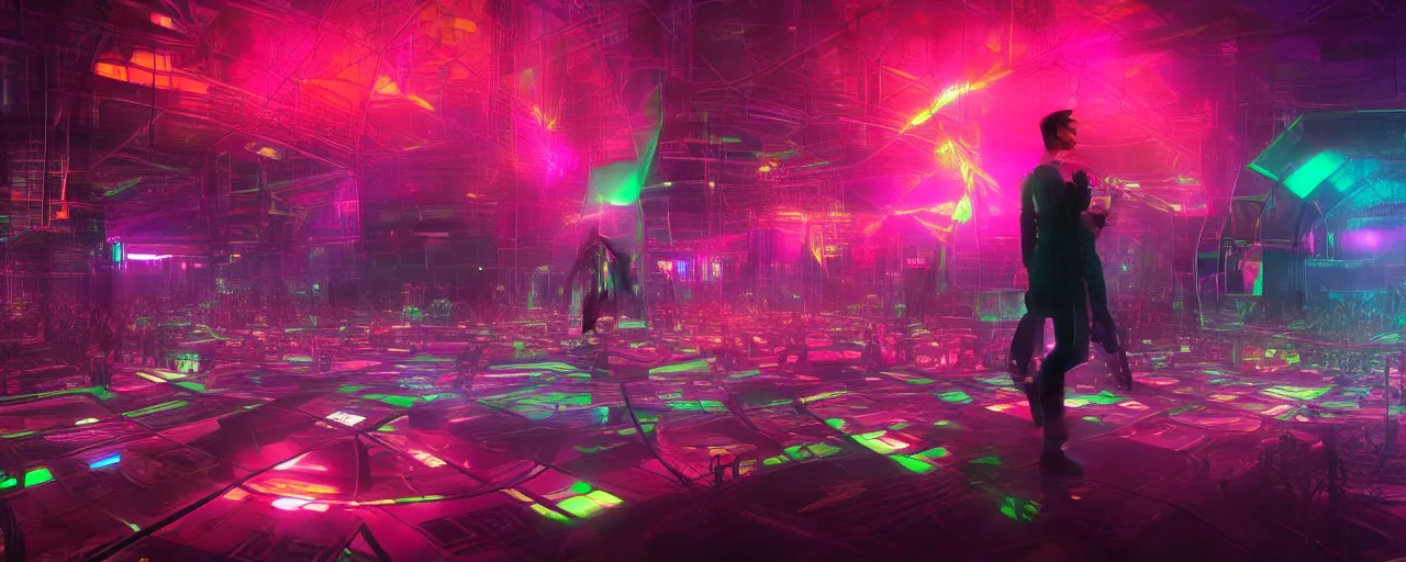 Image similar to Dystopian future, the DJ floats on a platform just above a huge crown of people dancing below to the Techno soundscape, lasers fill the scene with light of red, pink, green and purple, in the style of artgerm and greg rutkowski and alphonse mucha, concept art, ultra realism, photo realism, cgsociety, octane render, artstationHD, artstationHQ, unreal engine, 4k, 8k