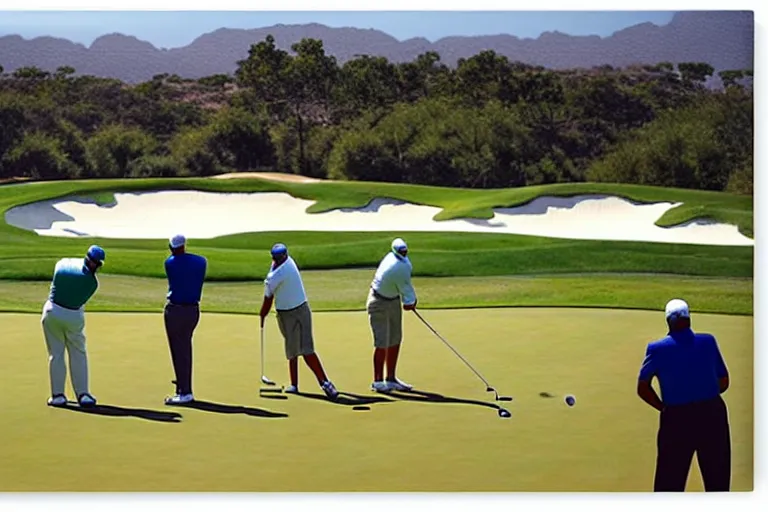 Image similar to Three golfers on a beautiful golf course driving range, by Diego Rivera