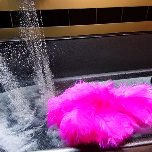 Image similar to hot pink feather boa muppet in bubble bath