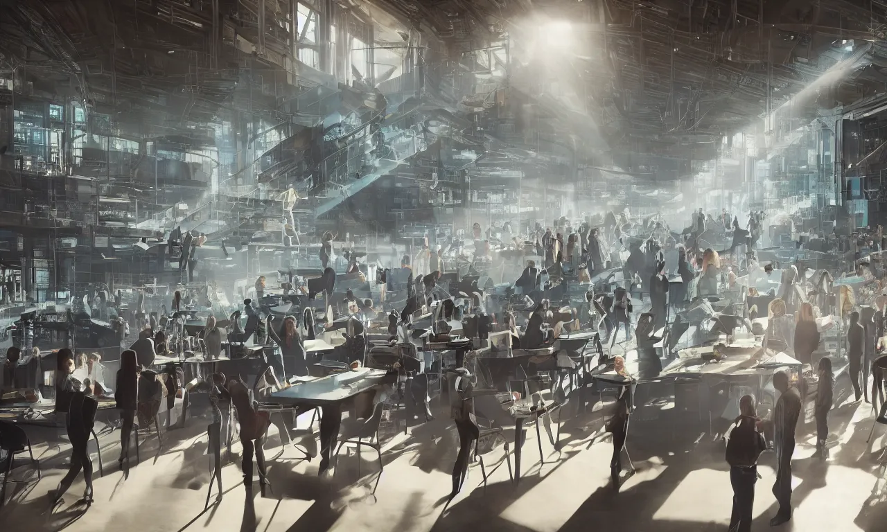 Image similar to cinematic concept, located in empty industrial warehouse with sunlight streaming through the windows, a large table in the middle of the frame that takes up a lot of space, a group of people standing around the table, on top of the table is a large hologram of a city futuristic city, some people are wearing virtual reality headsets in the foreground