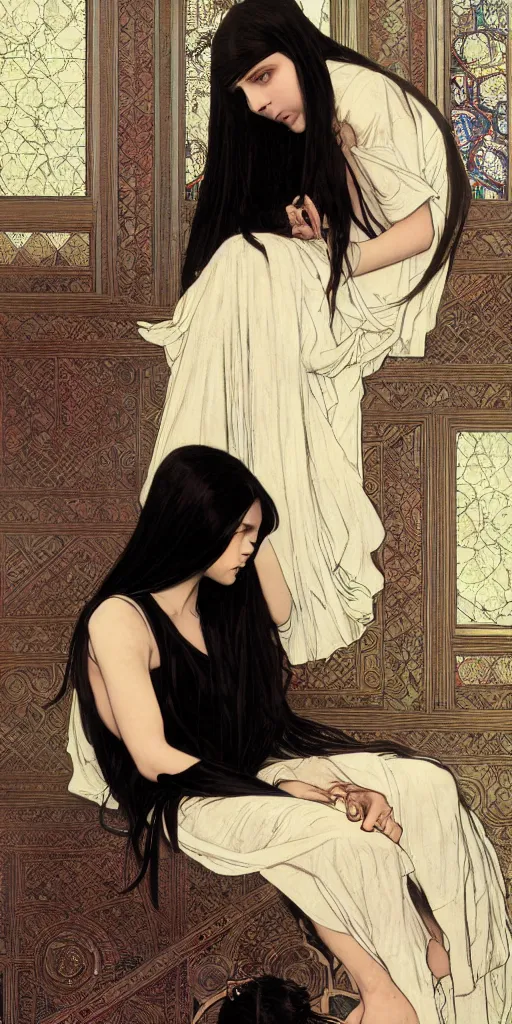 Image similar to a lonely young girl with straight long black hair wearing black dress that sitting on bathroom floor, art by artgem, greg rutkowski and alphonse mucha