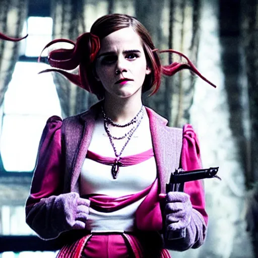 Prompt: Emma Watson as Jinx ,Arcane, cinematic, Wide-shot, atmospheric lighting, directed by Quentin Tarantino, movie still