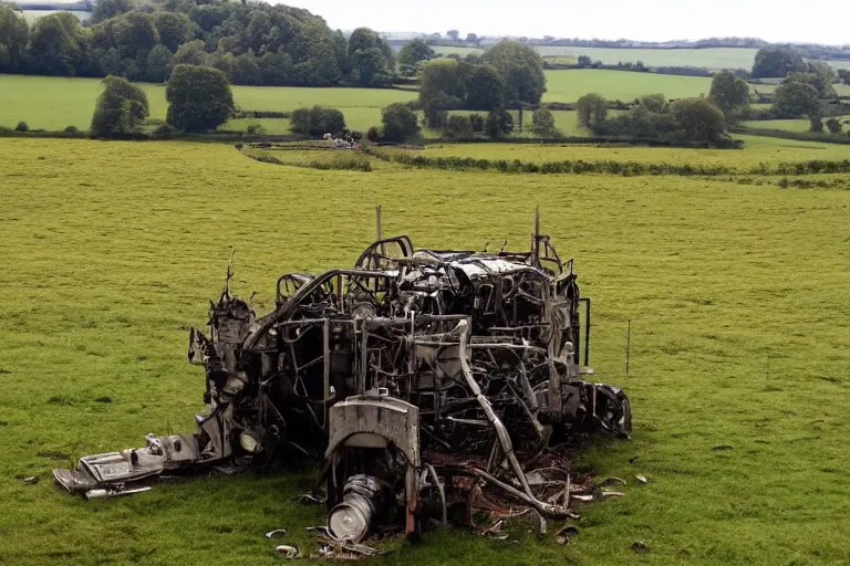 Prompt: beautiful english countryside, a ginormous destroyed streampunk machine lies broken in a field, many people, fire and oil