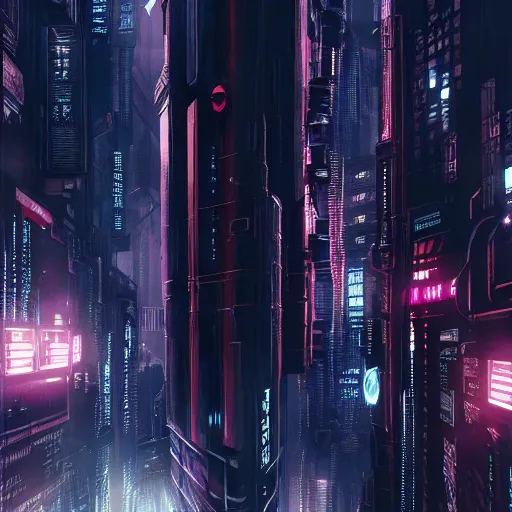 Image similar to Fully dark cyberpunk city with one building in the middle with only one window shining in style of Tsutomu Nihei. ArtStation, Cyberpunk, Vertical Symmetry, 8K, Highly Detailed, Intricate, Album Art.