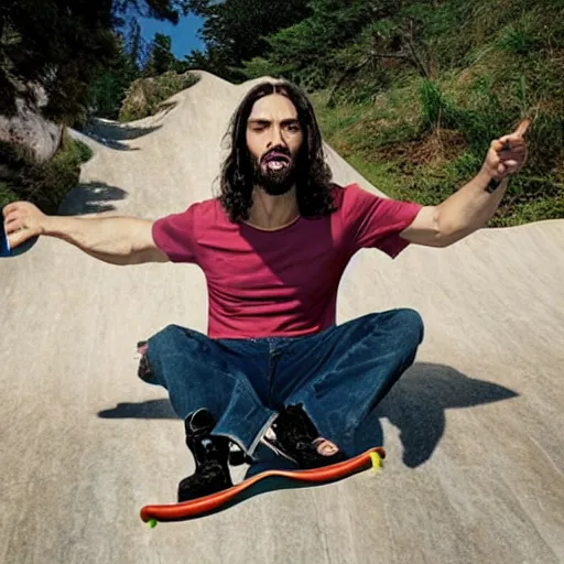 Image similar to Jesus crouching down on a skateboard, riding very fast down a hill