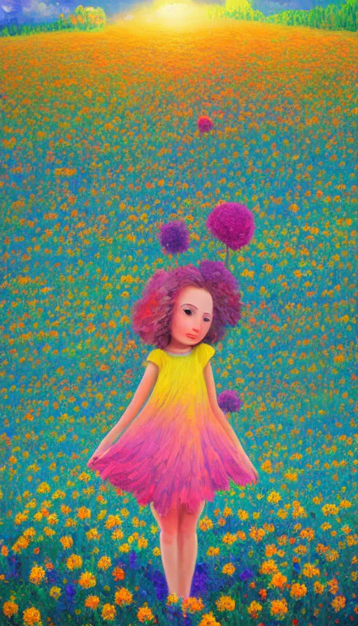 Image similar to girl with giant flower as a face and flower dress, standing in a flower field hills, big trees, sunrise dramatic light, impressionist painting, colorful clouds, digital painting, pointillism, artstation, simon stalenhag