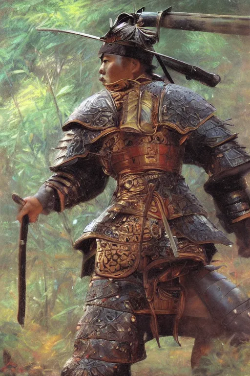 Image similar to close up of samurai warrior in full armor, in a bamboo forest, by vladimir volegov and alexander averin and delphin enjolras and daniel f. gerhartz