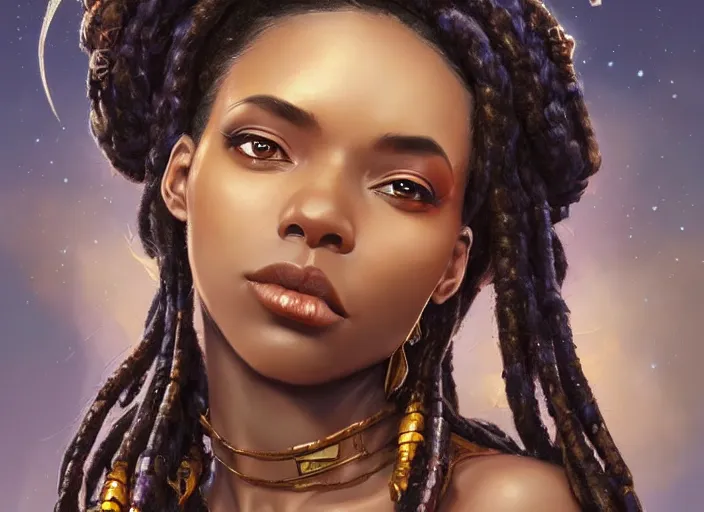 Prompt: beautiful black woman with gorgeous beaded dreadlock hairstyle, highly detailed, digital painting, artstation, concept art, matte, sharp focus, illustration, dramatic, galactic plane, hearthstone, art by artgerm and greg rutkowski and alphonse mucha