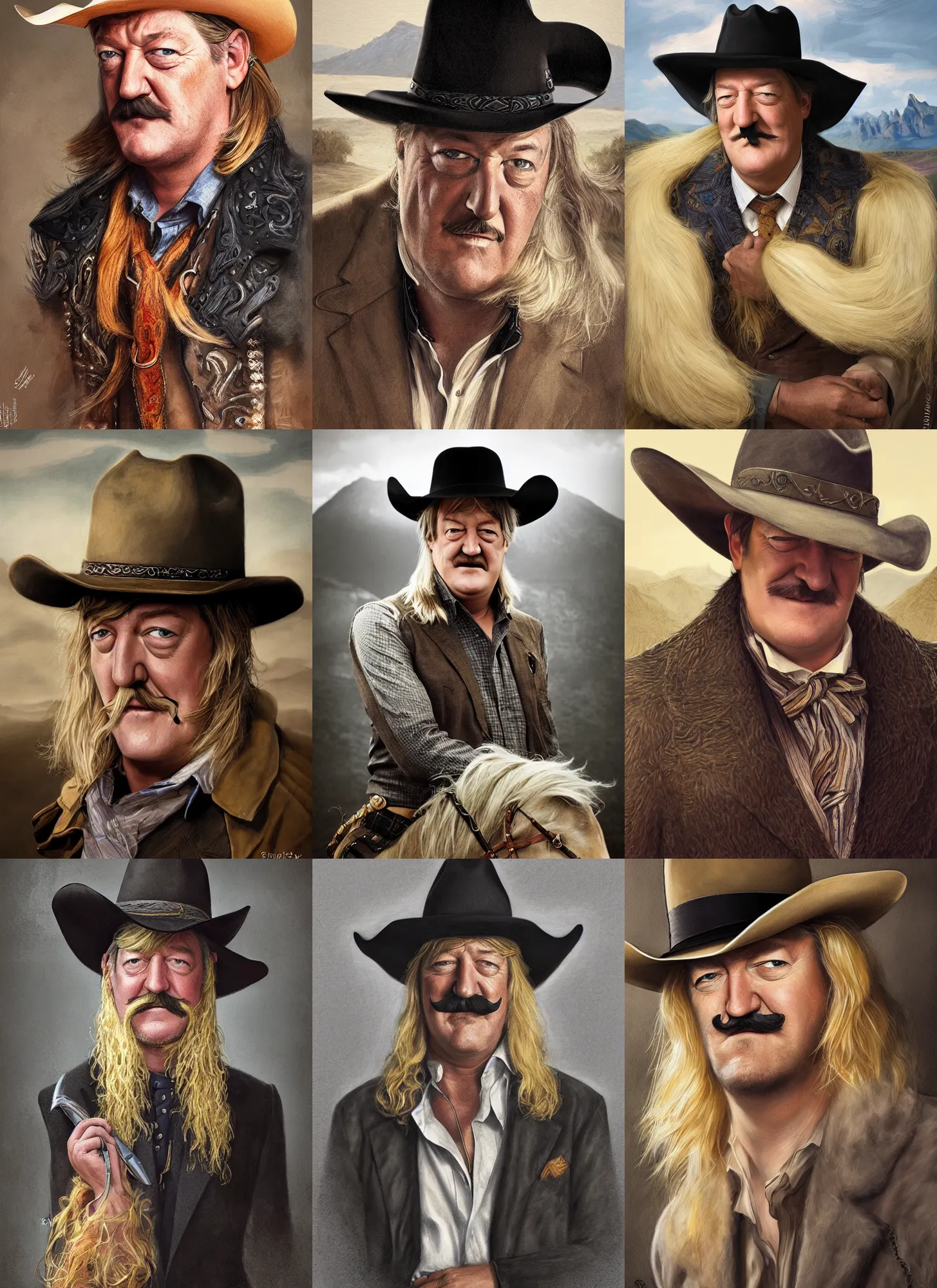 Prompt: stephen fry, cowboy, huge blond moustache, blond hair, black stetson hat, moutain in background, intricate, elegant, highly detailed, sharp focus, illustration, mandy jurgens, rutkowski, edward curtis