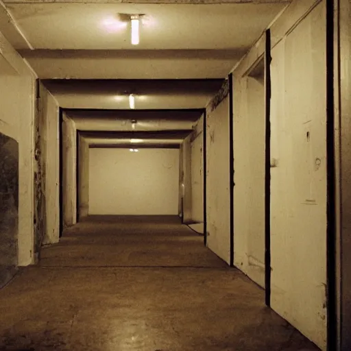 Prompt: a vintage liminal space, backrooms, found footage