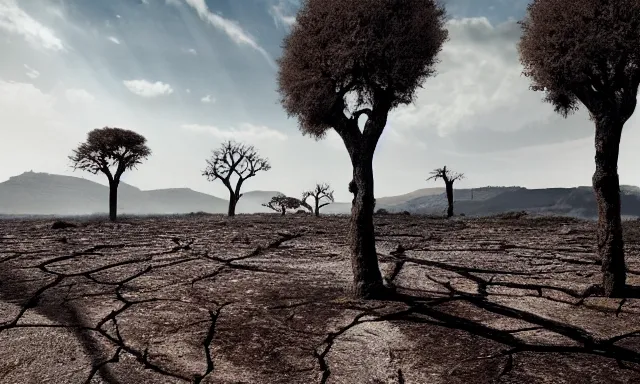 Image similar to medium shot of a nondescript crying ancient dried up Danu, peaceful, facing the camera and standing in front of a dried up river in a desolate land, dead trees, blue sky, hot and sunny, highly-detailed, elegant, dramatic lighting, artstation, 4k, cinematic landscape, photograph by Elisabeth Gadd