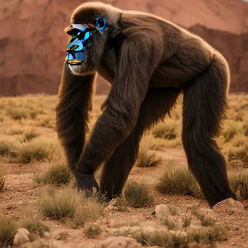 Prompt: A photo of Walter White wearing a gorilla suit, cinematic lighting, New Mexico desert, XF IQ4, f/1.4, ISO 200, 1/160s, 8K, RAW, unedited, symmetrical balance, in-frame, Facial Retouch