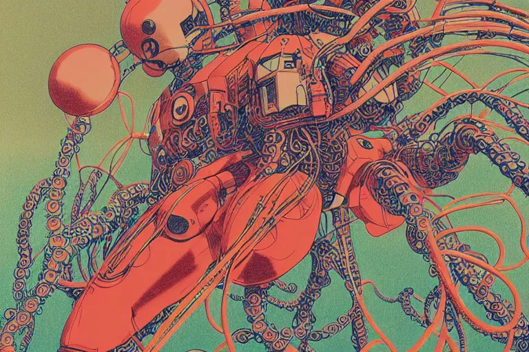 Image similar to risograph grainy drawing vintage sci - fi, satoshi kon color palette, gigantic gundam full - body covered with human bodies and wires, with lot tentacles, codex seraphinianus painting by moebius and satoshi kon and dirk dzimirsky close - up portrait
