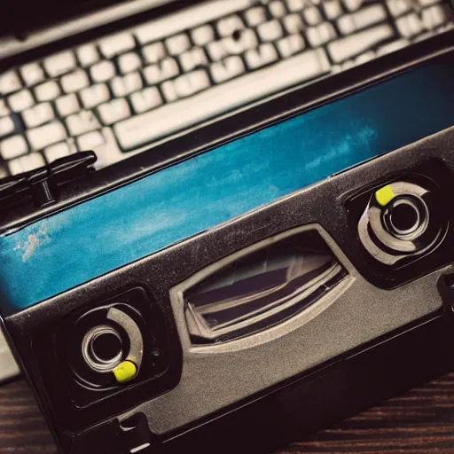 Prompt: a video tape lying on an office desk