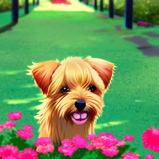 Prompt: A blond Norfolk terrier in the style of 90s anime, bright,red flowers, foot path, trees, award winning, trending on artstation