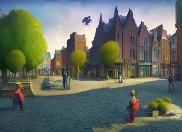 Prompt: dublin townsquare, summer morning, very coherent and colorful high contrast, art by gediminas pranckevicius, dark shadows, hard lighting
