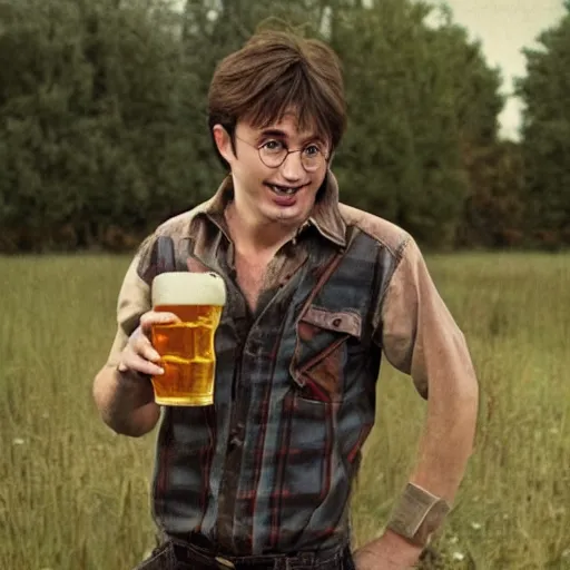 Prompt: country bumpkin harry potter drinking a beer, old pickup, beat up shirt