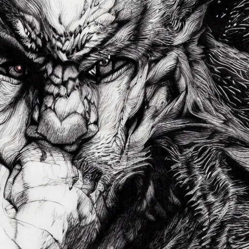 Image similar to Jordan Peterson as a werewolf, pen and ink, intricate line drawings, by Yoshitaka Amano, Ruan Jia, Kentaro Miura, Artgerm, watercolor