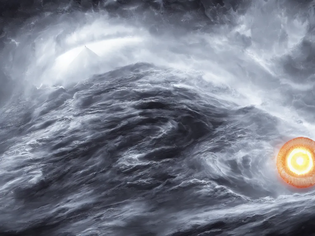 Image similar to the eye of sauron in the middle of a hurricane seen from space, digital painting, trending on artstation, deviantart, 8k, epic composition, intrinsic details, perfect coherence