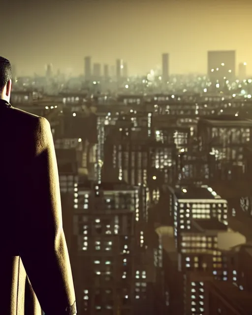 Prompt: a night rooftop scene, close up shot of a photorealistic gangster wearing a trench coat looking at the city below, unreal engine, hyper realism, realistic shading, cinematic composition, by Tarmo Juhola