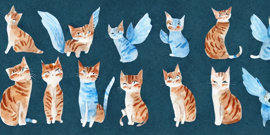 Image similar to watercolor illustration style, group of cute cats with blue wings