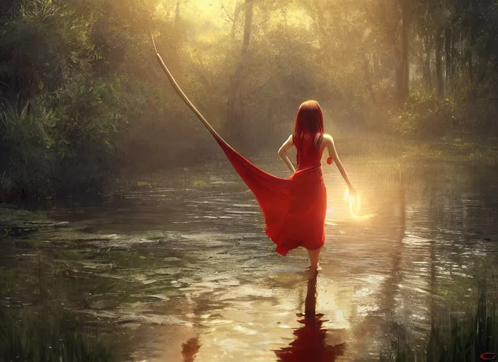 Image similar to glowing girl wading through swamp carrying a red flag , DSLR 85mm, by Craig Mullins, ilya kuvshinov, krenz cushart, artgerm, Unreal Engine 5, Lumen, Nanite