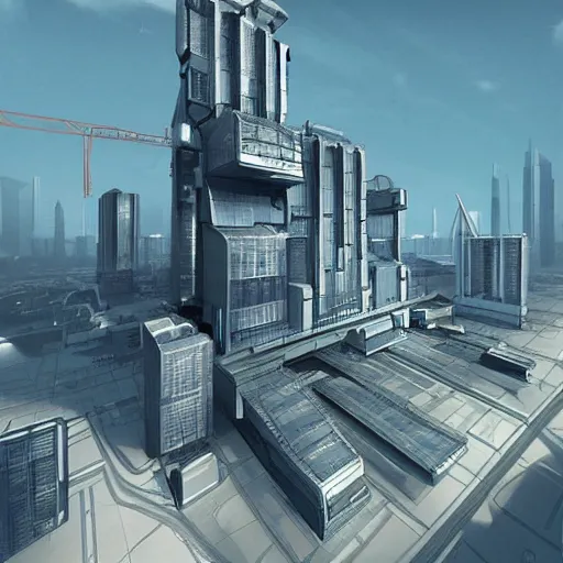 Prompt: “walled futuristic industrial complex with a large skyscraper in the center. Focus on base of skyscraper. Trending on r/megastructures and Artstation”