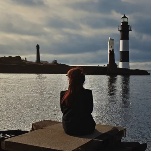 Prompt: a woman is sitting by a harbour. she has dark hair and green eyes realistic. there is a lighthouse. it is twilight. there is a folk horror feeling.