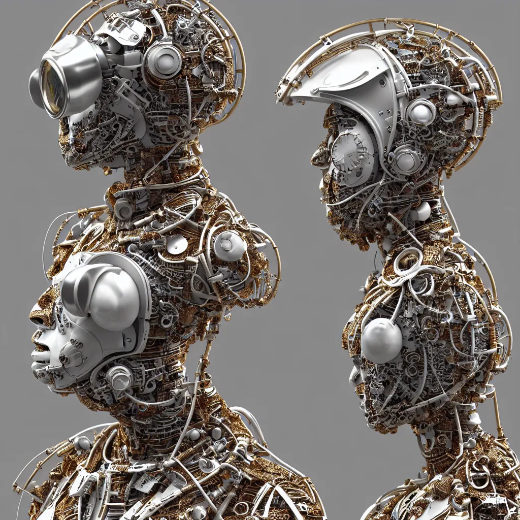 Image similar to complex 3d render ultra detailed of an astronaut, mechanical cyborg, 50 mm, beautiful natural soft light, rim light, studio light, silver gold details, magnolia big leaves and stems, roots, fine foliage lace, mesh wire, intricate details, hyperrealistic, mandelbrot fractal, anatomical, red lips, white metal armor, facial muscles, cable wires, microchip, elegant, Alexander Mcqueen haute couture, wabi sabi, octane render, H.R. Giger style, 8k