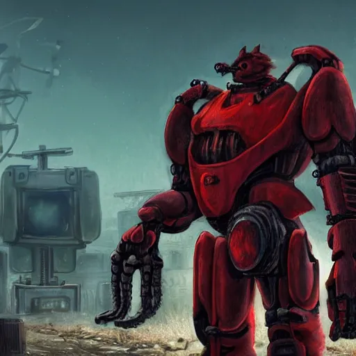 Prompt: photorealistic anthropomorphic red cat, wearing black huge cyber robot gigachad exoskeleton big power armor without helmet, holding huge laser sniper rifle, post apocalyptic cinematic photorealistic background, still, standing on graveyard