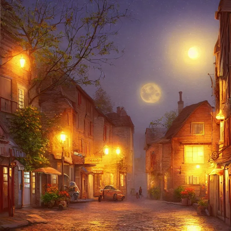 Prompt: town inspired by Evgeny Lushpin stores, cottages, streets, spring, midnight, full moon, cinematic,