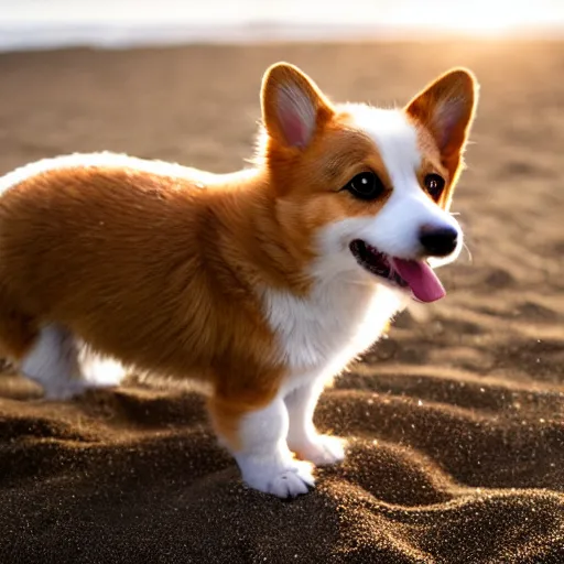 Image similar to 8k highly detailed photograph of the most adorable Corgi Puppies playing with a large beach ball on a sandy beach in California, natural sunlight,