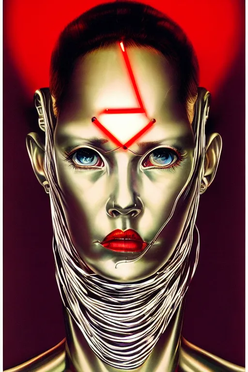 Image similar to cyborg head wrapped in plastic bags by Hajime Sorayama and Artemisia Gentileschi, centered, symmetrical, led, red, bilateral symmetry, 60s poster, polished, lightning, retro dark vintage sci-fi, 2D matte illustration