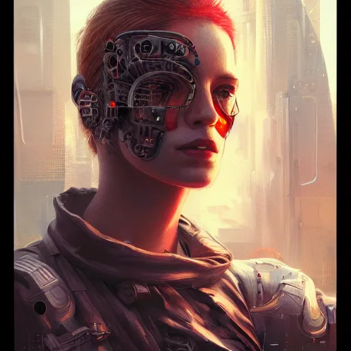 Prompt: extremely detailed portrait of a cyberpunk woman, eye implants, street vendors, citizens, augmented cyborgs, robots, skyscapers, buildings, clouds, sunset, painted by seb mckinnon, high detail, digital art, painted by greg rutkowski, trending on artstation