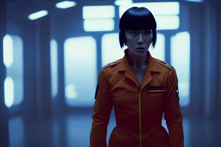 Image similar to major motoko wearing an orange prison jumpsuit facing camera, photography by fred palacio medium full shot still from bladerunner 2 0 4 9, sci fi, bladerunner, canon eos r 3, f / 3, iso 2 0 0, 1 / 1 6 0 s, 8 k, raw, unedited