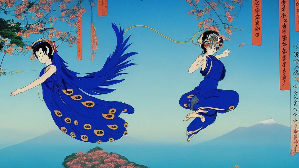 Prompt: a woman in a blue dress wearing a blue peacock mask jumping down in an aerial kick from the top of a Shinto temple , film still from the an anime directed by Katsuhiro Otomo with art direction by Salvador Dalí, wide lens