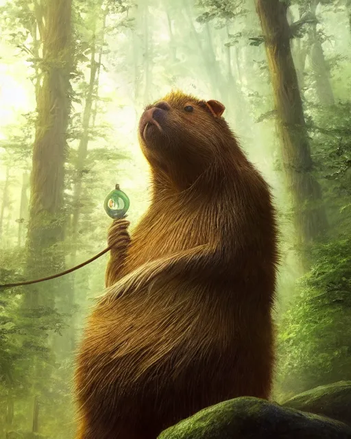 Image similar to oil painting of Anthropomorphized Capybara Druid, casting green nature magic spell, glowing eyes, sharp focus, fantasy style, octane render, volumetric lighting, 8k high definition, by greg rutkowski, highly detailed, trending on art Station, magic the gathering artwork, magical forest backround, centered