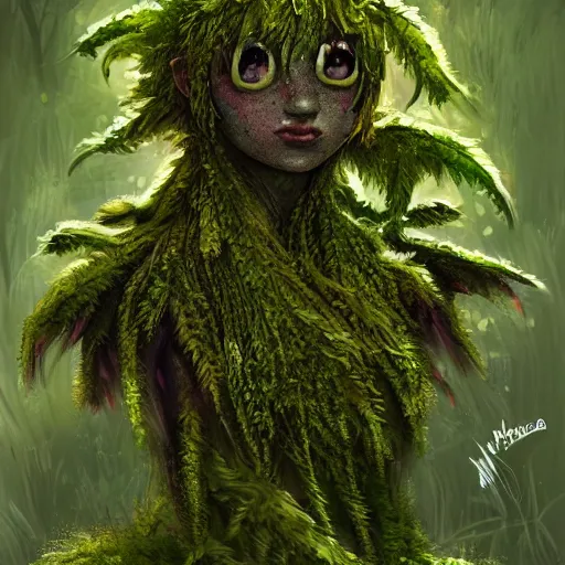 Prompt: A plant monster, highly detailed, digital art, sharp focus, trending on art station, leaves, moss, ferns, thistle, anime art style