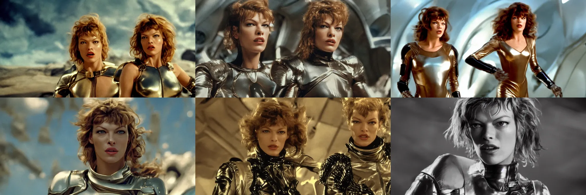 Prompt: a portrait of milla jovovich as barbarella wearing a leather spacesuit having an adventure, beautiful, soft focus, depth of field, cinematic, film grain, wide shot, in the style of kubrick, ridley scott