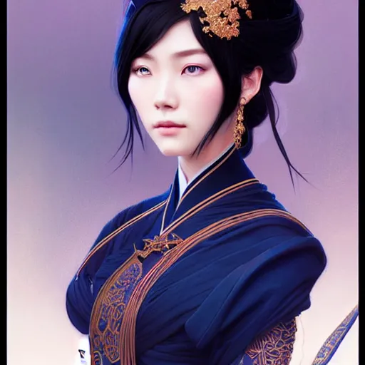 Prompt: ‘elegant Chinese princess, D&D, blue eyes, black hair, fantasy, intricate, elegant, highly detailed, digital painting, artstation, concept art, smooth, sharp focus, illustration, art by artgerm and greg rutkowski and alphonse mucha’